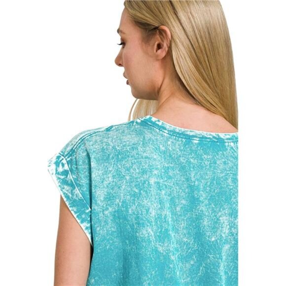 Zenana Crinkle Washed Round Neck Folded Short Sleeve Tee - Picture 4 of 4